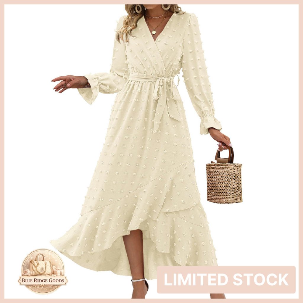 Swiss Dot Maxi Dress Boho Flowy Long Sleeve Wrap V Neck Elegant